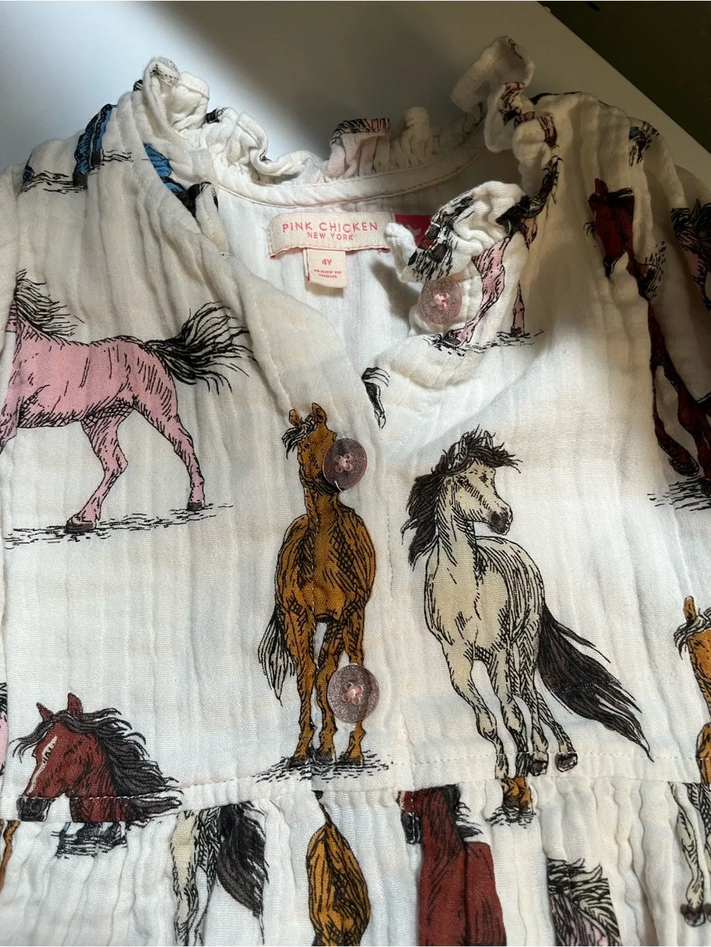 Girls Pink Chicken  White Horse-Print Button Front Dress Size 4Y